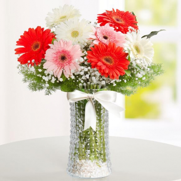 Gerbera-Arrangement in Vase Resim 1